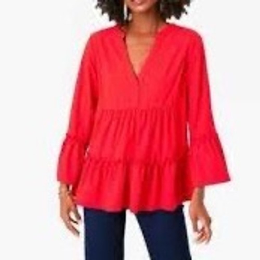POMANDER PLACE Preppy Red Peplum Tiered Ruffle Kenzo Bell Sleeve Blouse Sz SMALL
